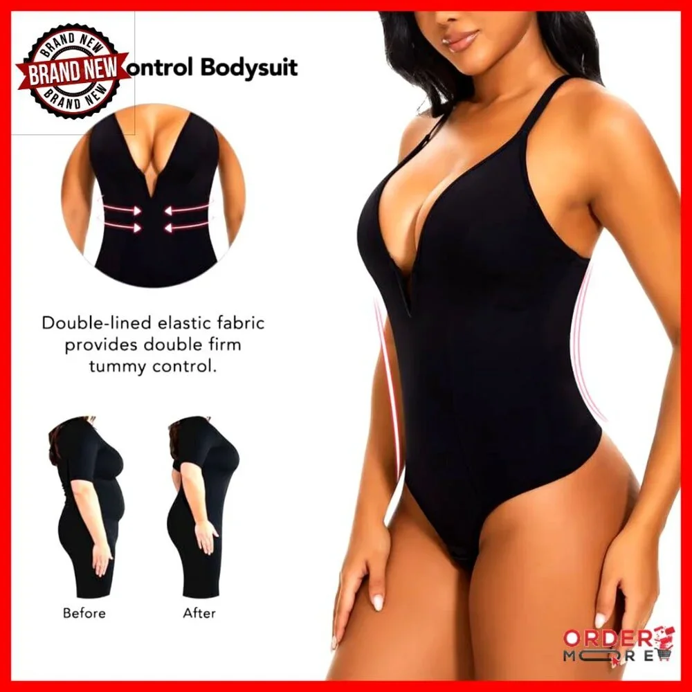 Deep V Neck Shapewear Bodysuit Tummy Control Plunge Backless Cami